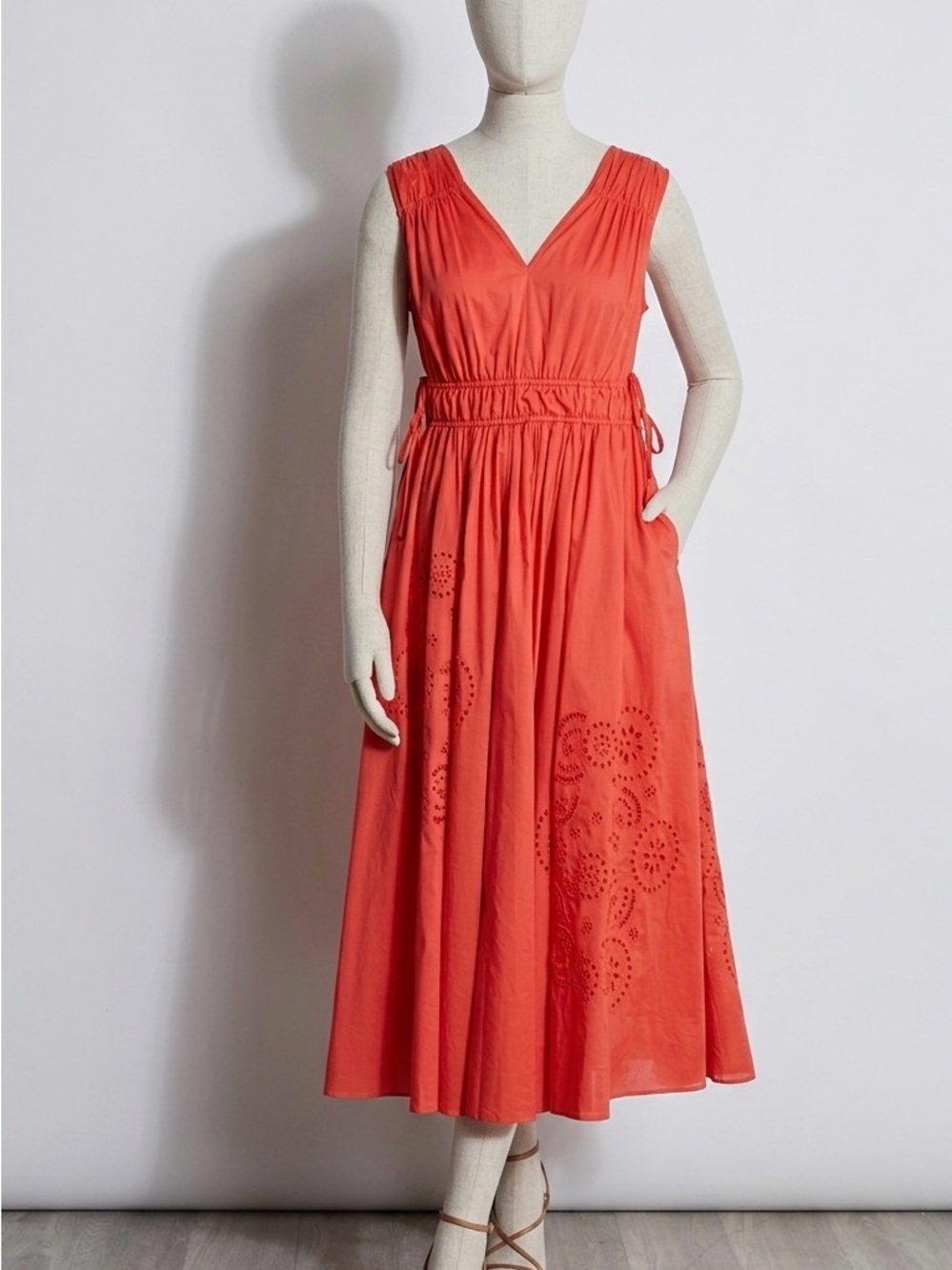 Elie Tahari The Christabel Sleeveless V-Neck Red Maxi Dress with Eyelet Detail